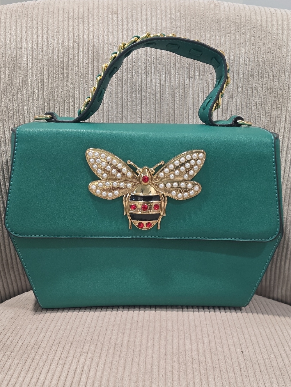 Emerald Green Bee-Embellished Top Handle Bag